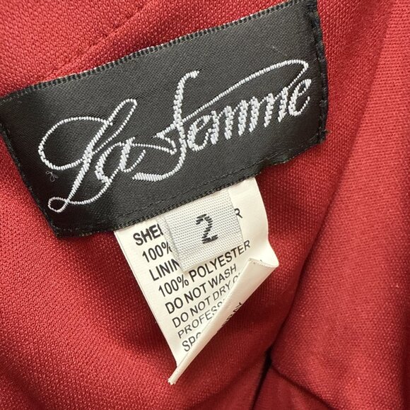 New LA FEMME Size 2 Burgundy 28206 Cross Back Satin Jersey Trumpet Gown Dress - Picture 10 of 10